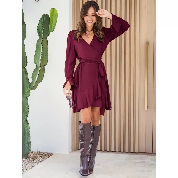 imageANRABESS Womens Wrap Dress V Neck Long Sleeve Ruffle Short Dresses with BeltRed