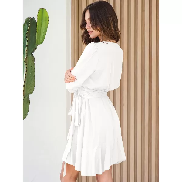 imageANRABESS Womens Wrap Dress V Neck Long Sleeve Ruffle Short Dresses with BeltWhite