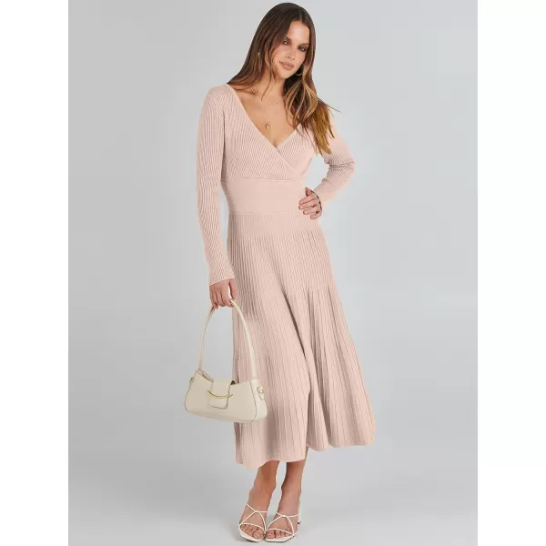 imageANRABESS Womens Wrap Midi Sweater Dresses Long Sleeve V Neck High Waist Ribbed Knit Pleated ALine DressAlmond