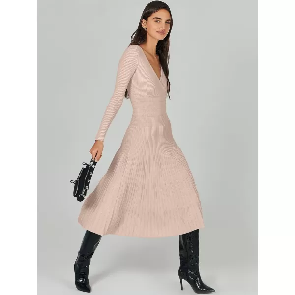 imageANRABESS Womens Wrap Midi Sweater Dresses Long Sleeve V Neck High Waist Ribbed Knit Pleated ALine DressAlmond