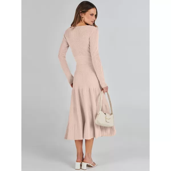 imageANRABESS Womens Wrap Midi Sweater Dresses Long Sleeve V Neck High Waist Ribbed Knit Pleated ALine DressAlmond