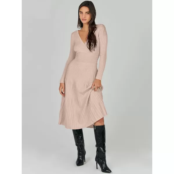 imageANRABESS Womens Wrap Midi Sweater Dresses Long Sleeve V Neck High Waist Ribbed Knit Pleated ALine DressAlmond