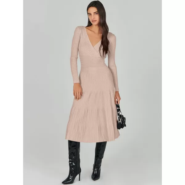 imageANRABESS Womens Wrap Midi Sweater Dresses Long Sleeve V Neck High Waist Ribbed Knit Pleated ALine DressAlmond