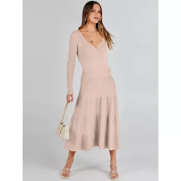 imageANRABESS Womens Wrap Midi Sweater Dresses Long Sleeve V Neck High Waist Ribbed Knit Pleated ALine DressAlmond