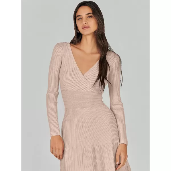 imageANRABESS Womens Wrap Midi Sweater Dresses Long Sleeve V Neck High Waist Ribbed Knit Pleated ALine DressAlmond