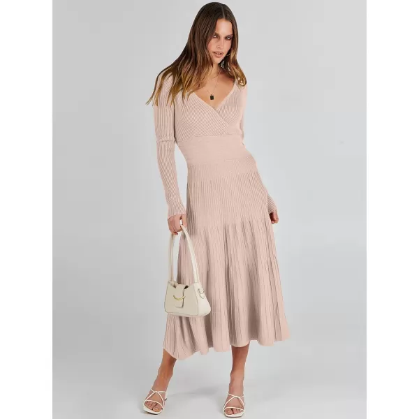 imageANRABESS Womens Wrap Midi Sweater Dresses Long Sleeve V Neck High Waist Ribbed Knit Pleated ALine DressAlmond