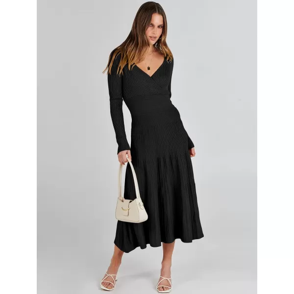 imageANRABESS Womens Wrap Midi Sweater Dresses Long Sleeve V Neck High Waist Ribbed Knit Pleated ALine DressBlack