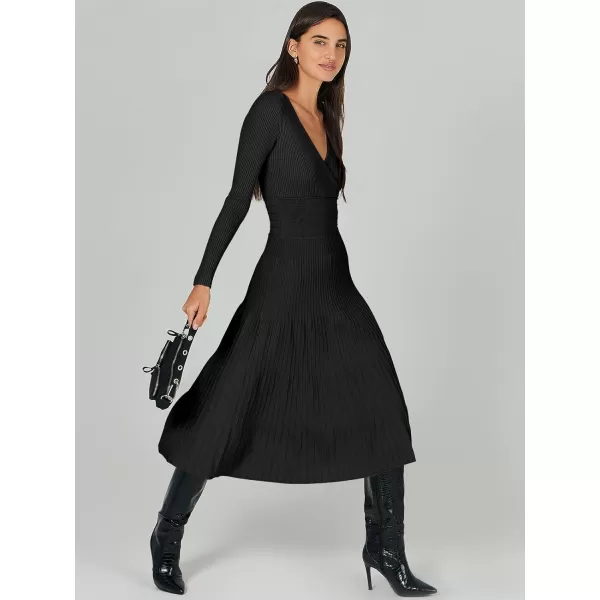 imageANRABESS Womens Wrap Midi Sweater Dresses Long Sleeve V Neck High Waist Ribbed Knit Pleated ALine DressBlack