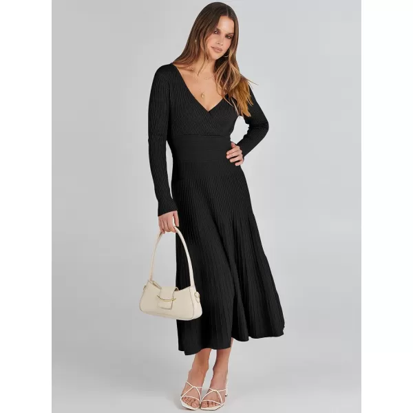 imageANRABESS Womens Wrap Midi Sweater Dresses Long Sleeve V Neck High Waist Ribbed Knit Pleated ALine DressBlack