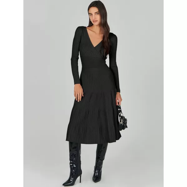 imageANRABESS Womens Wrap Midi Sweater Dresses Long Sleeve V Neck High Waist Ribbed Knit Pleated ALine DressBlack