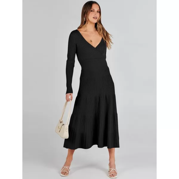 imageANRABESS Womens Wrap Midi Sweater Dresses Long Sleeve V Neck High Waist Ribbed Knit Pleated ALine DressBlack