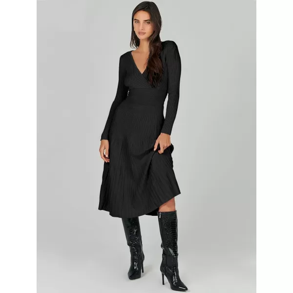 imageANRABESS Womens Wrap Midi Sweater Dresses Long Sleeve V Neck High Waist Ribbed Knit Pleated ALine DressBlack