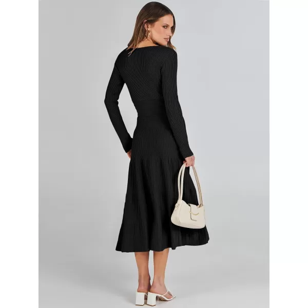 imageANRABESS Womens Wrap Midi Sweater Dresses Long Sleeve V Neck High Waist Ribbed Knit Pleated ALine DressBlack