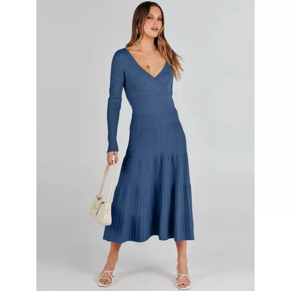 imageANRABESS Womens Wrap Midi Sweater Dresses Long Sleeve V Neck High Waist Ribbed Knit Pleated ALine DressBlue