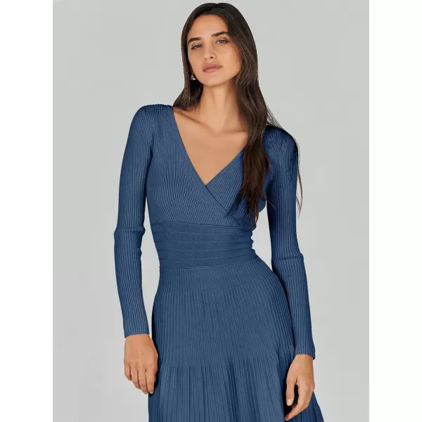 imageANRABESS Womens Wrap Midi Sweater Dresses Long Sleeve V Neck High Waist Ribbed Knit Pleated ALine DressBlue