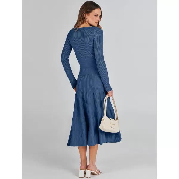 imageANRABESS Womens Wrap Midi Sweater Dresses Long Sleeve V Neck High Waist Ribbed Knit Pleated ALine DressBlue