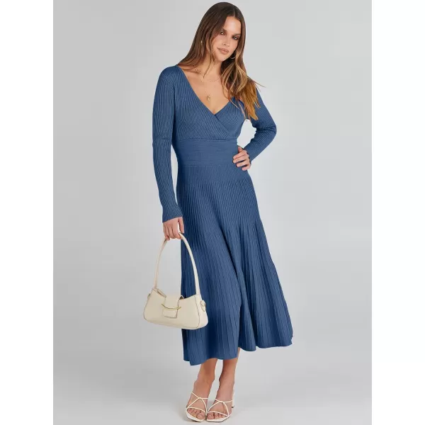 imageANRABESS Womens Wrap Midi Sweater Dresses Long Sleeve V Neck High Waist Ribbed Knit Pleated ALine DressBlue