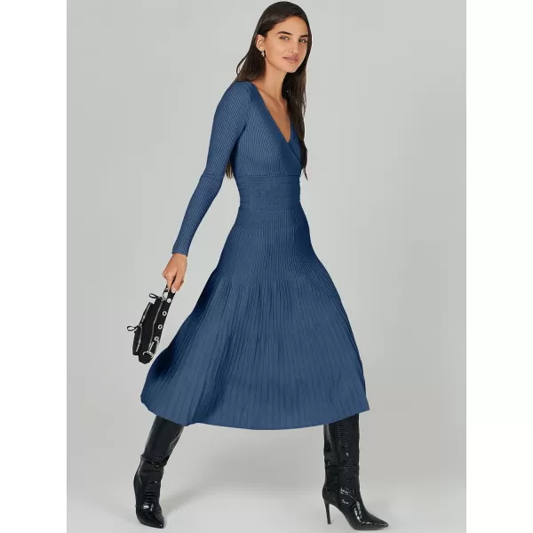 imageANRABESS Womens Wrap Midi Sweater Dresses Long Sleeve V Neck High Waist Ribbed Knit Pleated ALine DressBlue