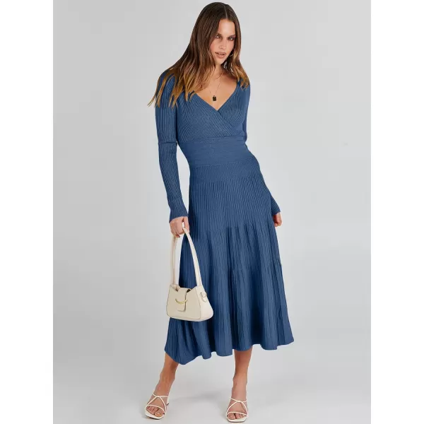 imageANRABESS Womens Wrap Midi Sweater Dresses Long Sleeve V Neck High Waist Ribbed Knit Pleated ALine DressBlue