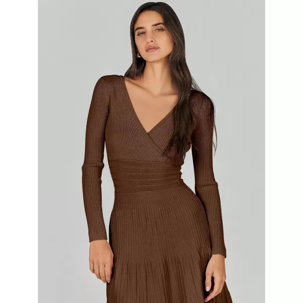 imageANRABESS Womens Wrap Midi Sweater Dresses Long Sleeve V Neck High Waist Ribbed Knit Pleated ALine DressBrown