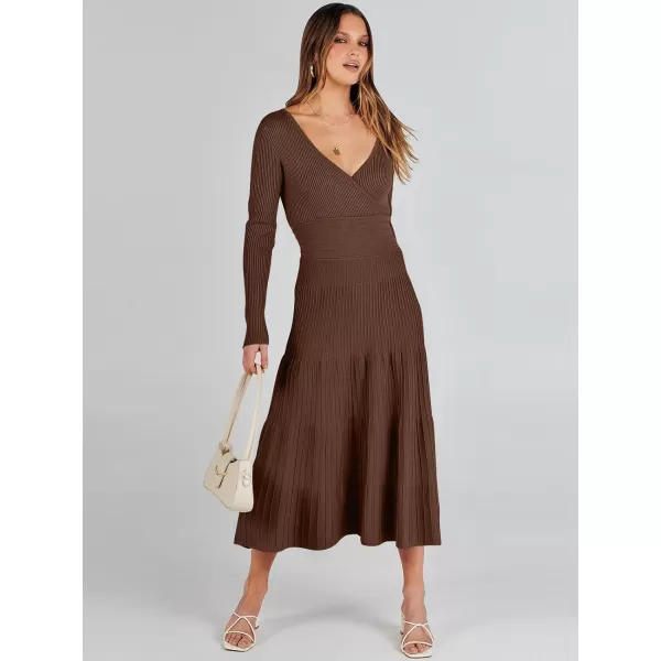 imageANRABESS Womens Wrap Midi Sweater Dresses Long Sleeve V Neck High Waist Ribbed Knit Pleated ALine DressBrown