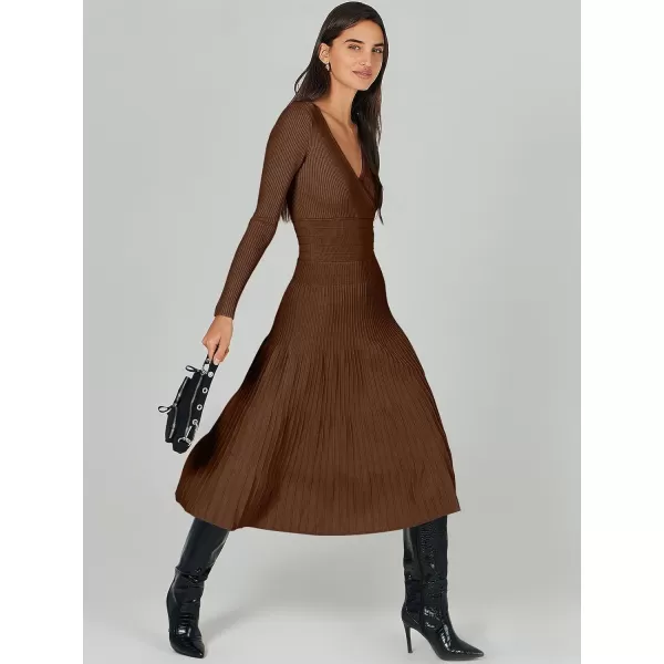 imageANRABESS Womens Wrap Midi Sweater Dresses Long Sleeve V Neck High Waist Ribbed Knit Pleated ALine DressBrown