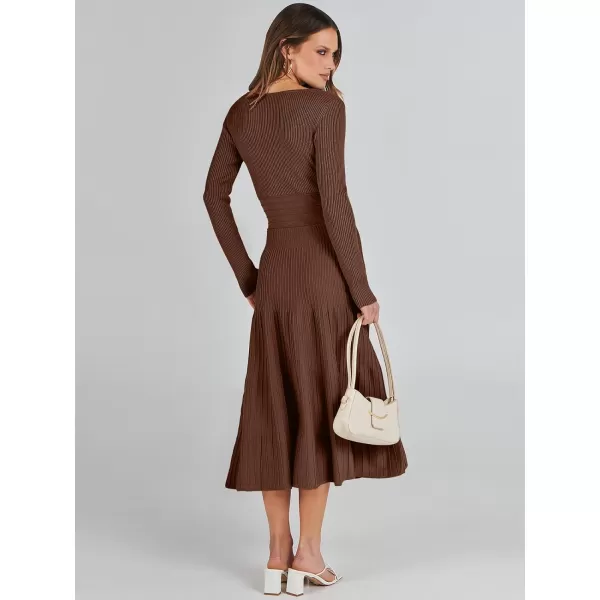 imageANRABESS Womens Wrap Midi Sweater Dresses Long Sleeve V Neck High Waist Ribbed Knit Pleated ALine DressBrown