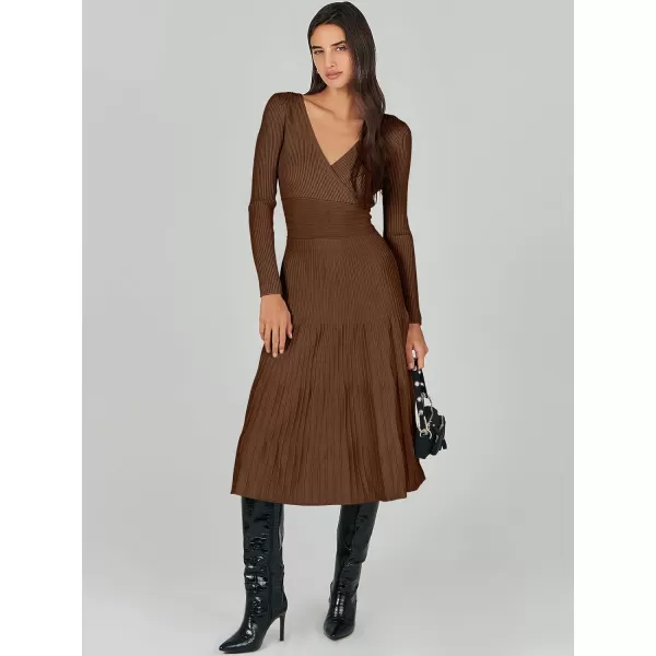 imageANRABESS Womens Wrap Midi Sweater Dresses Long Sleeve V Neck High Waist Ribbed Knit Pleated ALine DressBrown