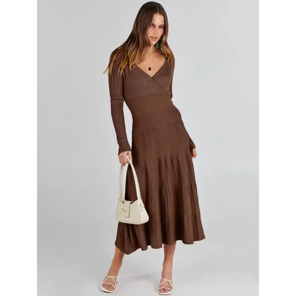 imageANRABESS Womens Wrap Midi Sweater Dresses Long Sleeve V Neck High Waist Ribbed Knit Pleated ALine DressBrown