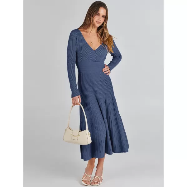 imageANRABESS Womens Wrap Midi Sweater Dresses Long Sleeve V Neck High Waist Ribbed Knit Pleated ALine DressDeep Blue