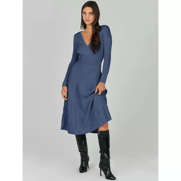 imageANRABESS Womens Wrap Midi Sweater Dresses Long Sleeve V Neck High Waist Ribbed Knit Pleated ALine DressDeep Blue