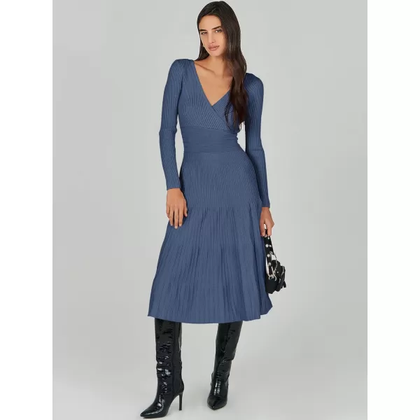 imageANRABESS Womens Wrap Midi Sweater Dresses Long Sleeve V Neck High Waist Ribbed Knit Pleated ALine DressDeep Blue