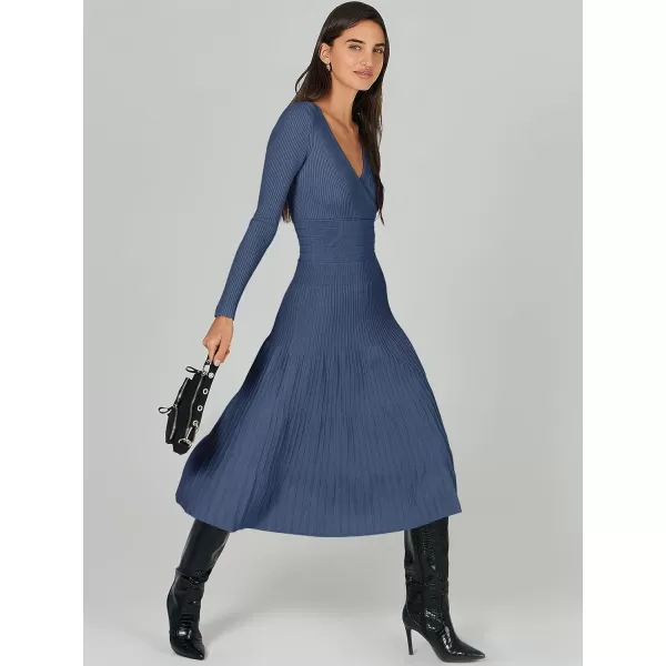 imageANRABESS Womens Wrap Midi Sweater Dresses Long Sleeve V Neck High Waist Ribbed Knit Pleated ALine DressDeep Blue