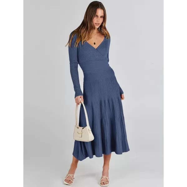 imageANRABESS Womens Wrap Midi Sweater Dresses Long Sleeve V Neck High Waist Ribbed Knit Pleated ALine DressDeep Blue