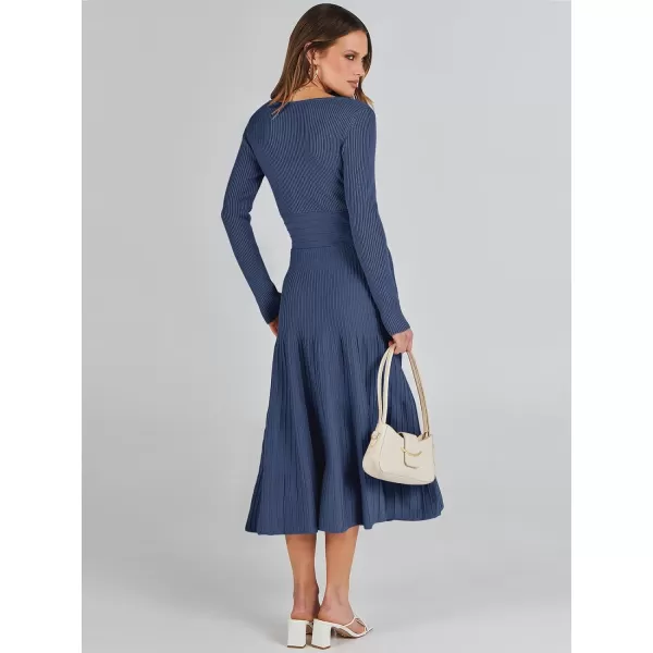 imageANRABESS Womens Wrap Midi Sweater Dresses Long Sleeve V Neck High Waist Ribbed Knit Pleated ALine DressDeep Blue