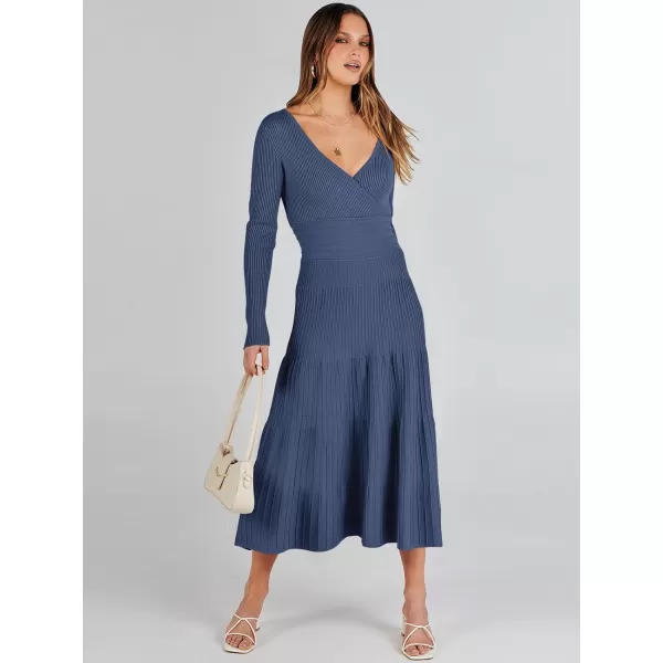 imageANRABESS Womens Wrap Midi Sweater Dresses Long Sleeve V Neck High Waist Ribbed Knit Pleated ALine DressDeep Blue