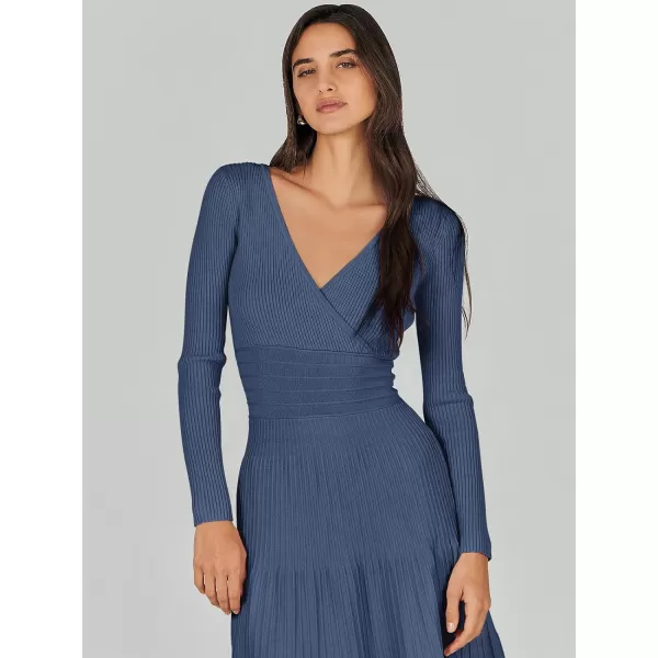 imageANRABESS Womens Wrap Midi Sweater Dresses Long Sleeve V Neck High Waist Ribbed Knit Pleated ALine DressDeep Blue