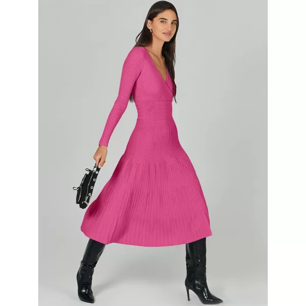 imageANRABESS Womens Wrap Midi Sweater Dresses Long Sleeve V Neck High Waist Ribbed Knit Pleated ALine DressHot Pink