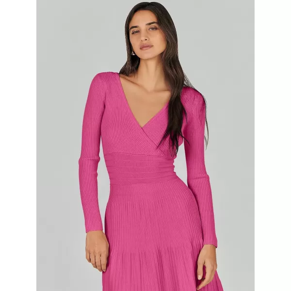 imageANRABESS Womens Wrap Midi Sweater Dresses Long Sleeve V Neck High Waist Ribbed Knit Pleated ALine DressHot Pink