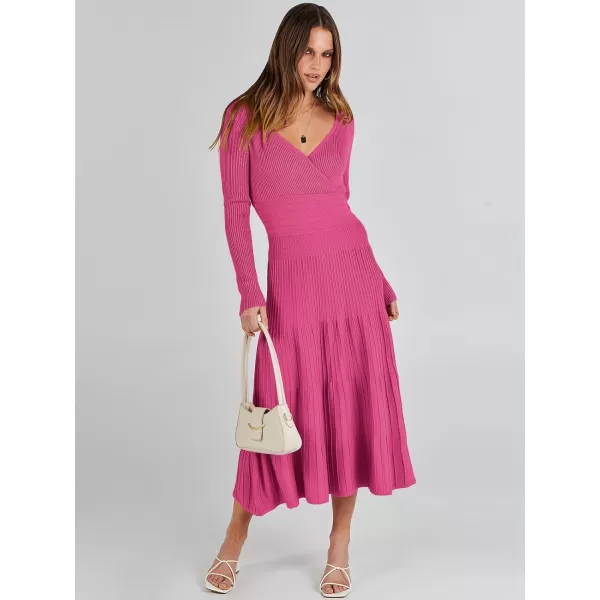imageANRABESS Womens Wrap Midi Sweater Dresses Long Sleeve V Neck High Waist Ribbed Knit Pleated ALine DressHot Pink