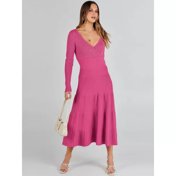 imageANRABESS Womens Wrap Midi Sweater Dresses Long Sleeve V Neck High Waist Ribbed Knit Pleated ALine DressHot Pink
