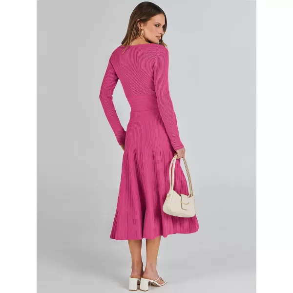 imageANRABESS Womens Wrap Midi Sweater Dresses Long Sleeve V Neck High Waist Ribbed Knit Pleated ALine DressHot Pink