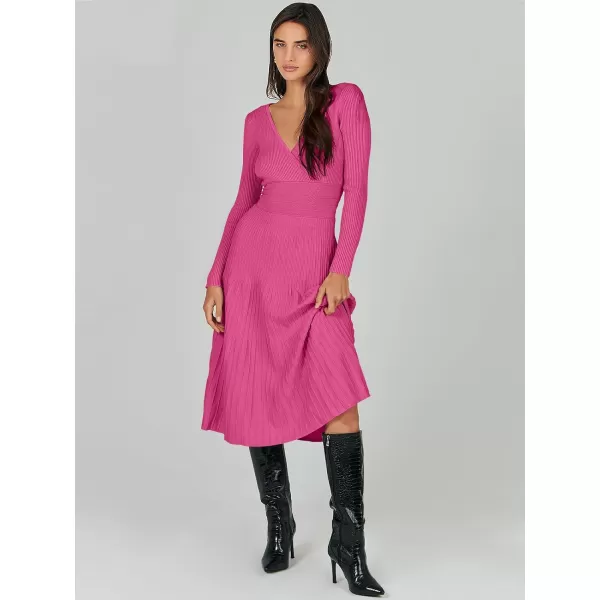 imageANRABESS Womens Wrap Midi Sweater Dresses Long Sleeve V Neck High Waist Ribbed Knit Pleated ALine DressHot Pink