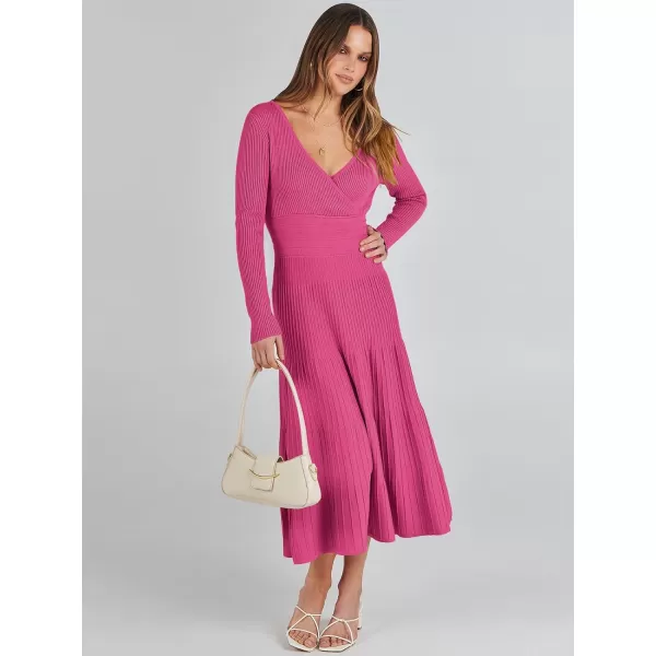 imageANRABESS Womens Wrap Midi Sweater Dresses Long Sleeve V Neck High Waist Ribbed Knit Pleated ALine DressHot Pink