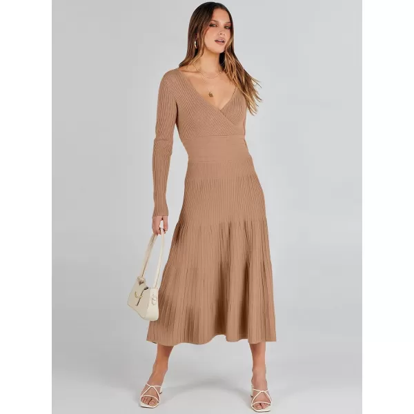 imageANRABESS Womens Wrap Midi Sweater Dresses Long Sleeve V Neck High Waist Ribbed Knit Pleated ALine DressLight Camel