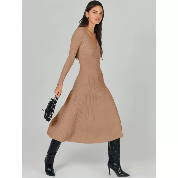 imageANRABESS Womens Wrap Midi Sweater Dresses Long Sleeve V Neck High Waist Ribbed Knit Pleated ALine DressLight Camel