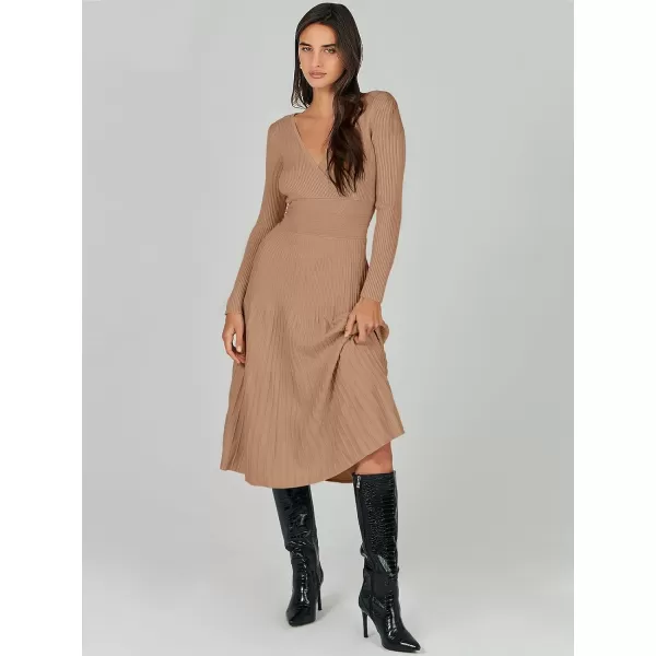 imageANRABESS Womens Wrap Midi Sweater Dresses Long Sleeve V Neck High Waist Ribbed Knit Pleated ALine DressLight Camel