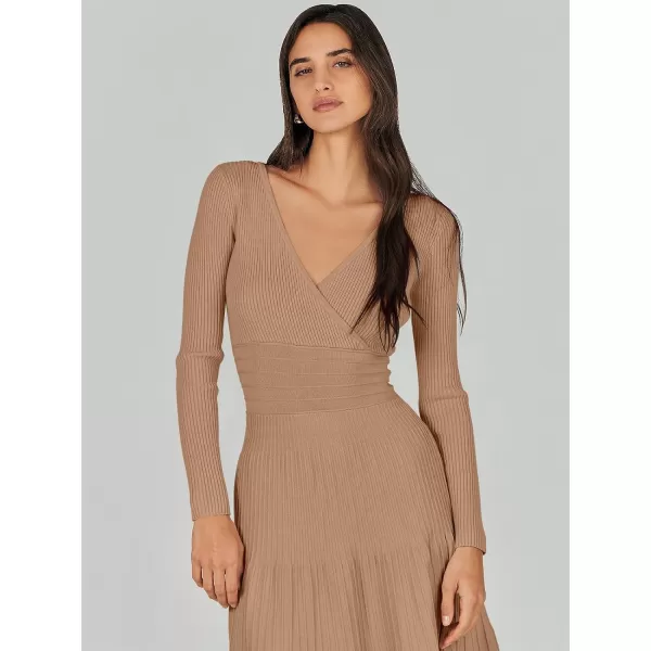 imageANRABESS Womens Wrap Midi Sweater Dresses Long Sleeve V Neck High Waist Ribbed Knit Pleated ALine DressLight Camel