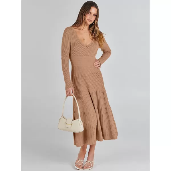 imageANRABESS Womens Wrap Midi Sweater Dresses Long Sleeve V Neck High Waist Ribbed Knit Pleated ALine DressLight Camel