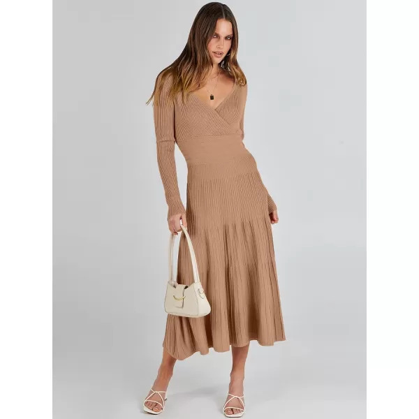 imageANRABESS Womens Wrap Midi Sweater Dresses Long Sleeve V Neck High Waist Ribbed Knit Pleated ALine DressLight Camel